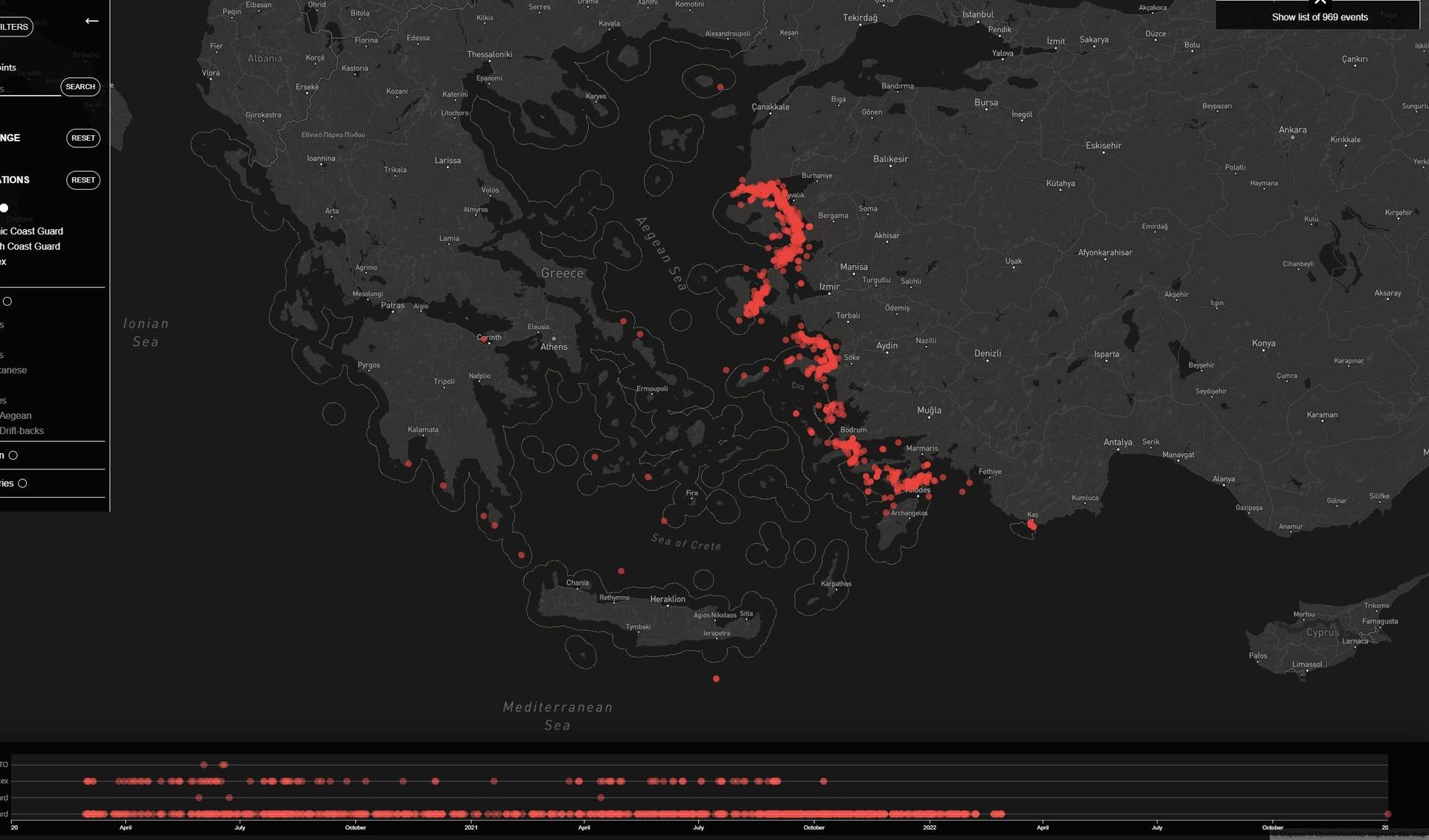 Many red dots near the turkish coast on a digital map.