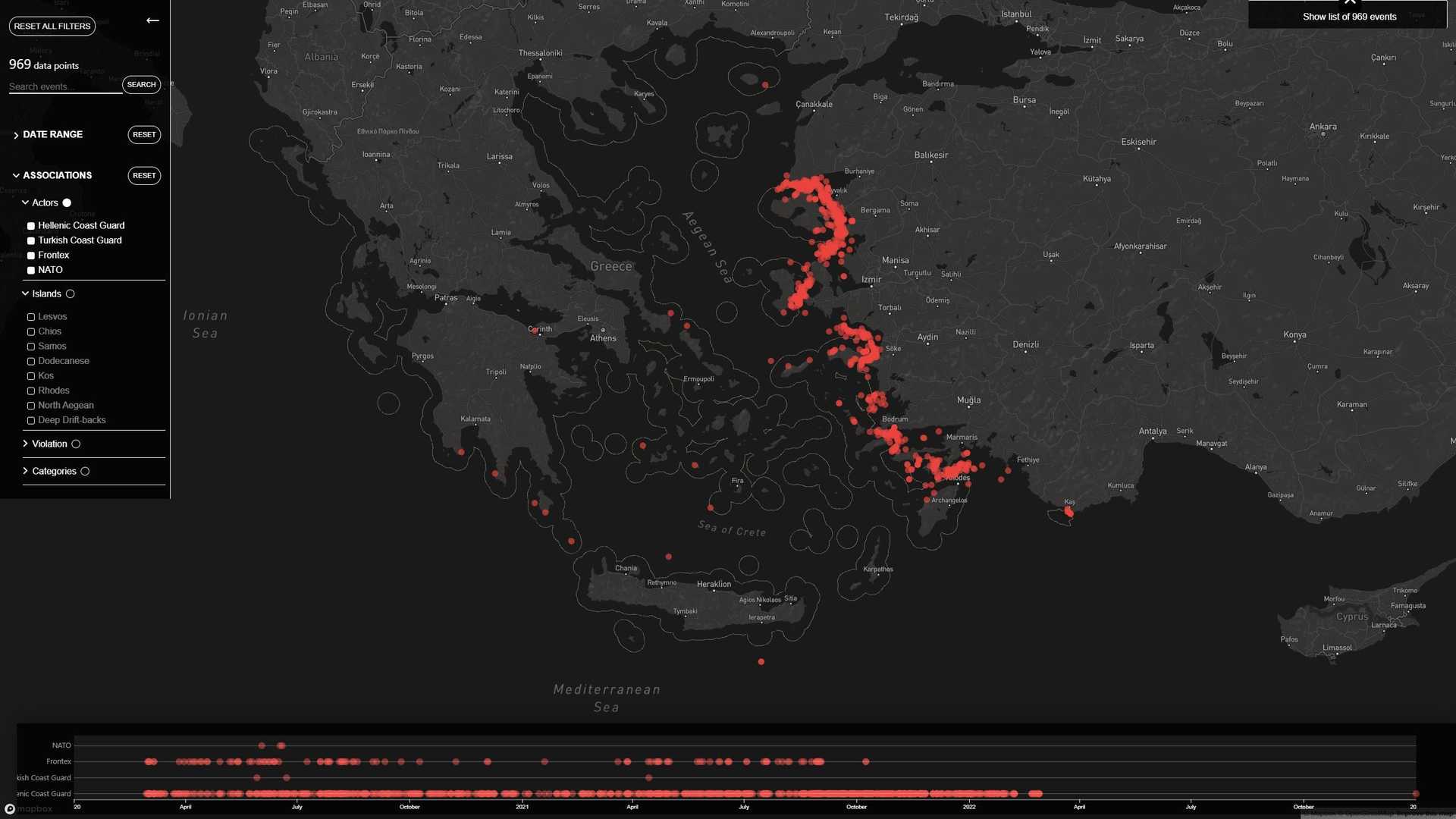 Many red dots near the turkish coast on a digital map.