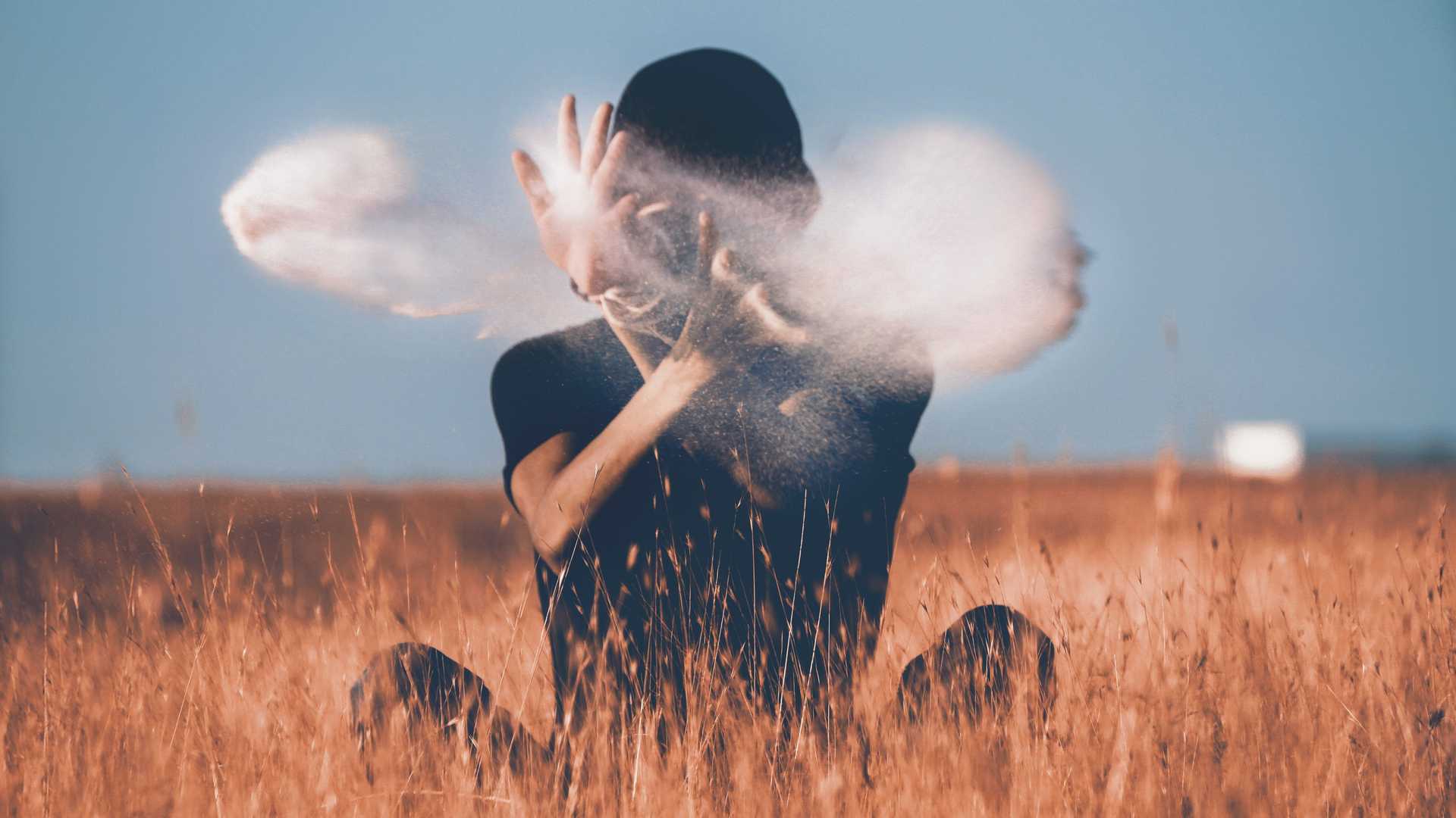 A person is sitting in a field of crops and the face is hidden behind behing a cloud of some kind of powder