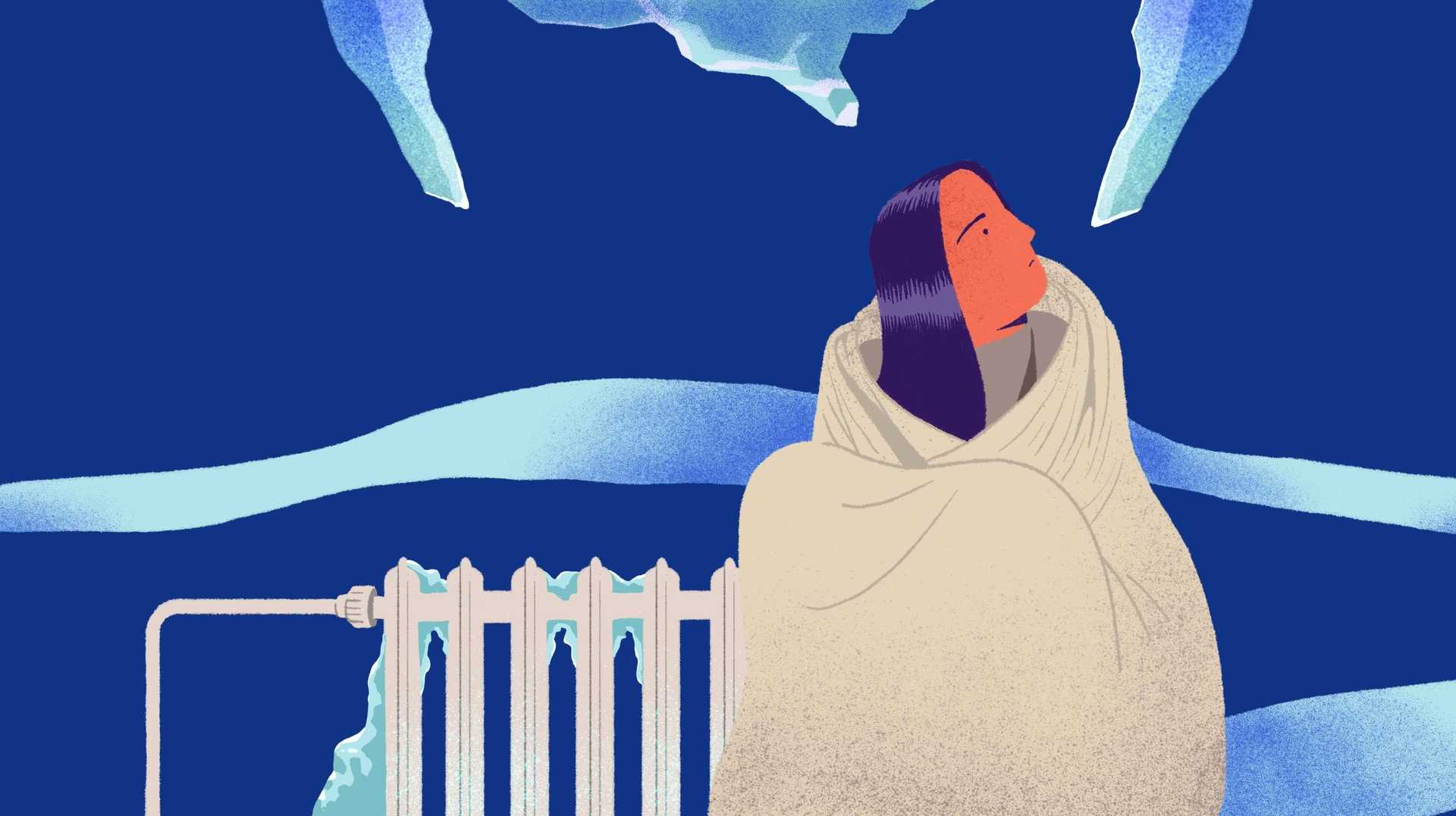 A painting of a woman in a frozen room with a cold heating